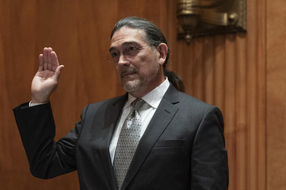 Census Bureau Director nominee Robert Santos, is sworn in to testify before the Senate Homeland Security and Governmental Affairs committee, Thursday, July 15, 2021. If confirmed, Robert Santos, a third-generation Mexican American, would be the first person of color to be a permanent head of the nation's largest statistical agency. AP Photo/Jacquelyn Martin)