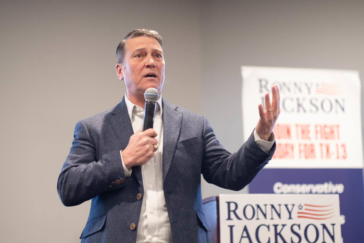 U.S. 13th District Rep. Ronny Jackson addresses supporters in downtown Amarillo during his re-election campaign event Friday evening.