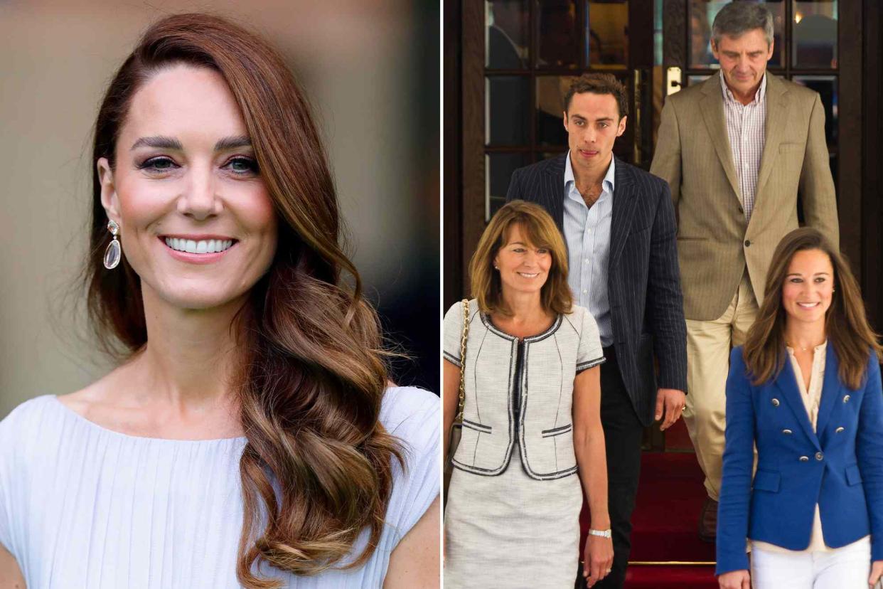 <p>Max Mumby/Indigo/Getty ; Ian Gavan/GP/Getty</p>  Catherine, Duchess of Cambridge attends the Earthshot Prize 2021 at Alexandra Palace on October 17, 2021 in London, England. ; Carole, James, Michael and Philippa Middleton depart the Goring Hotel in London on April 30, 2011 in London, England