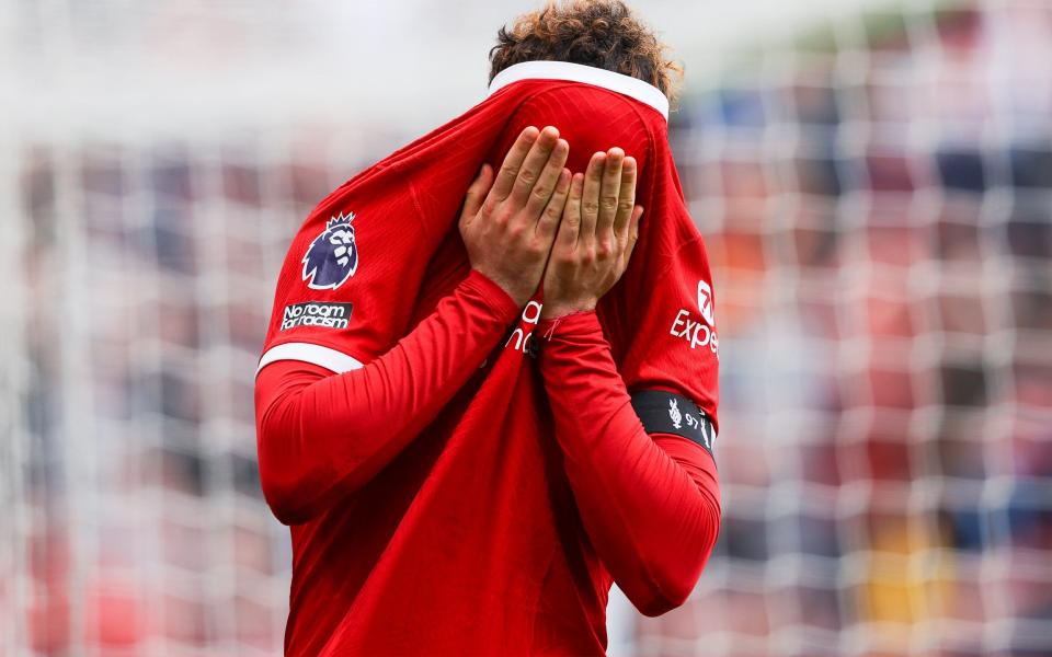 Curtis Jones of Liverpool looks dejected after a missed chance during the Premier League match between Liverpool FC and Crystal Palace at Anfield on April 14, 2024 in Liverpool, England.