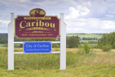 A sign welcoming visitors to Caribou, Maine is seen in this picture taken July 18, 2014. REUTERS/Dave Sherwood