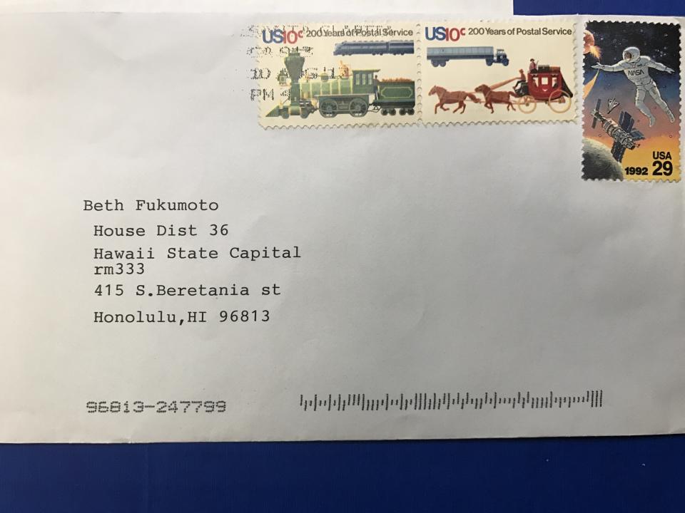 A copy of the envelope in which Fukumoto's office said they received the letter. (Photo: Courtesy of Rep Beth Fukumotos office)