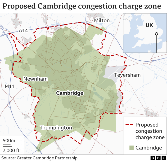 Mapa que muestra la zona de cargo por congestión de Cambridge propuesta