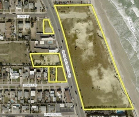 This image from the City of Daytona Beach's website shows outlined in yellow the 10.2-acre vacant oceanfront lot at 800-900 S. Atlantic Ave. plus some smaller lots across the street owned by Toronto, Canada-based Bayshore Capital. A developer-initiated neighborhood meeting will be held 6 p.m. Monday, Dec. 11, 2023, at the Daytona Grande Oceanfront Hotel at 422 N. Atlantic Ave., Daytona Beach, to discuss Bayshore's application to rezone the vacant lot as "Tourist Accommodations" (T-1). The developer has not yet announced what it may be seeking to build.