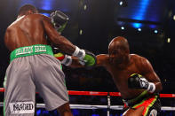 ATLANTIC CITY, NJ - APRIL 28: Bernard Hopkins (black trunks) throws a punch against Chad Dawson (grey trunks) during their WBC & Ring Magazine Light Heavyweight Title fight at Boardwalk Hall Arena on April 28, 2012 in Atlantic City, New Jersey. (Photo by Al Bello/Getty Images)