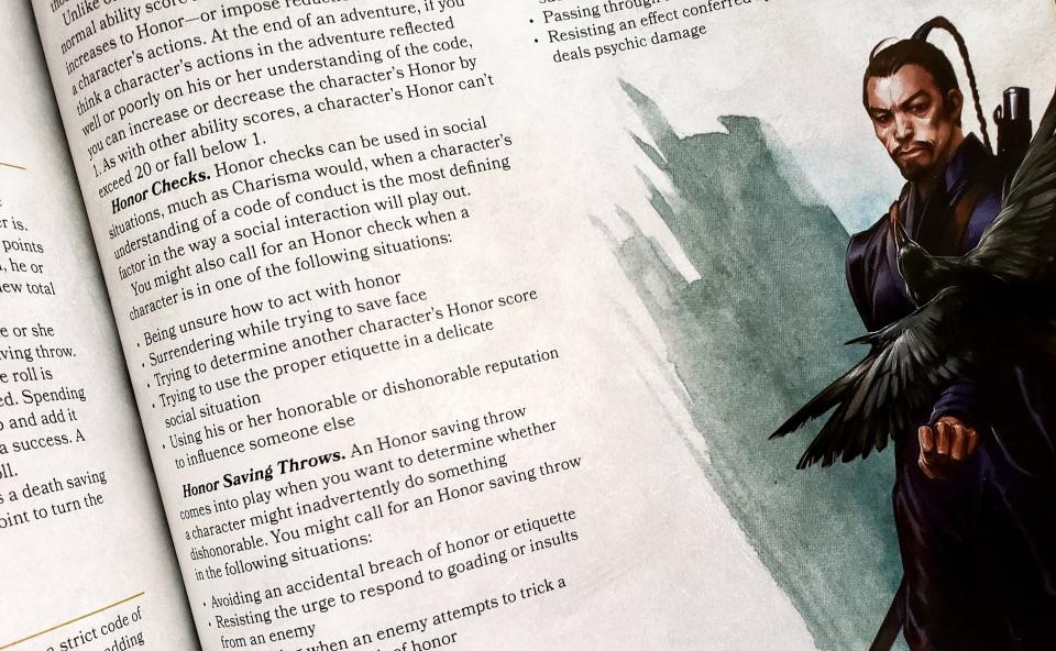 An image of rules from the current D&D "Dungeon Master's Guide," with suggestions on what to do when "being unsure how to act with honor." (Photo: HuffPost US)