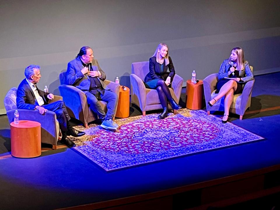 At an event about climate change and water rights held at Tempe Center for the Arts on March 12, 2024, invited speaker Bill Nye the Science Guy (left) is joined on stage for a panel discussion by Stephen Roe Lewis, Gov. of the Gila River Indian Community, Amber Wutich, director of ASU's Center for Global Health, and Tara Williams, dean of ASU's Barrett Honors College.