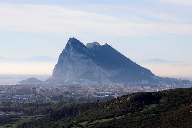 The Rock of the British overseas territory of Gibraltar is seen from the Spanish side of the border near La Linea de la Concepcion