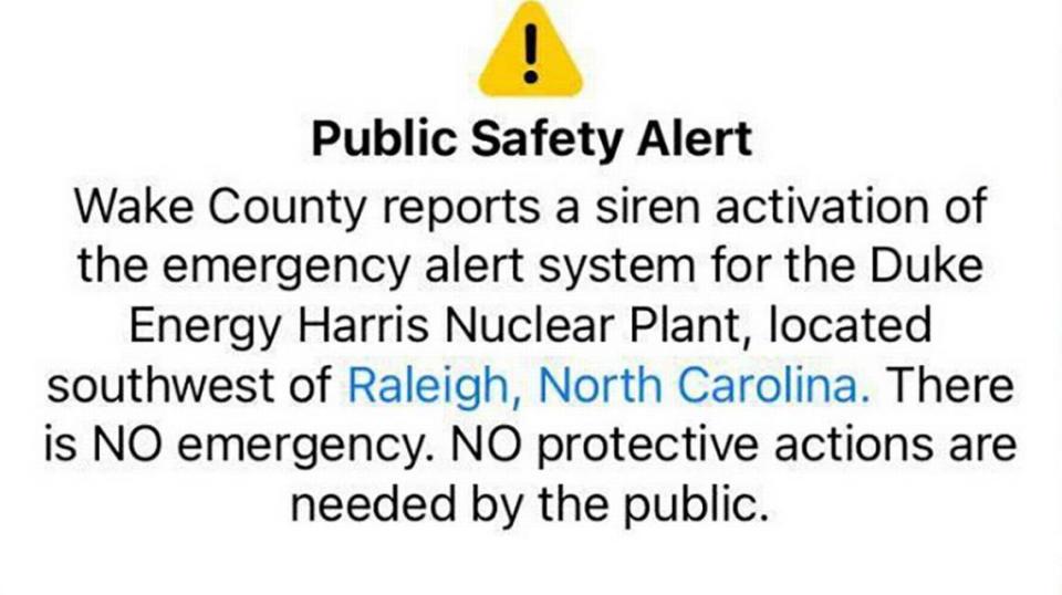 Emergency alert that went out to many Wake County residents Monday morning.