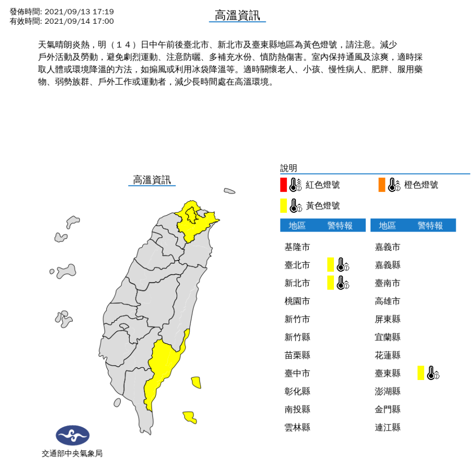 氣象局今（14）日針對3縣市發布高溫燈號。（圖／翻攝自中央氣象局）