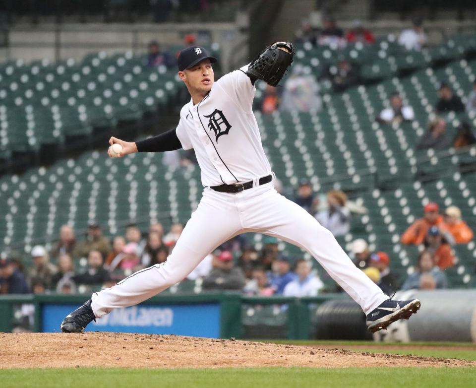 Detroit Tigers starter Matt Manning (25) pitches against the Boston Red Sox during second inning Monday, April 11, 2022, at Comerica Park  in Detroit.