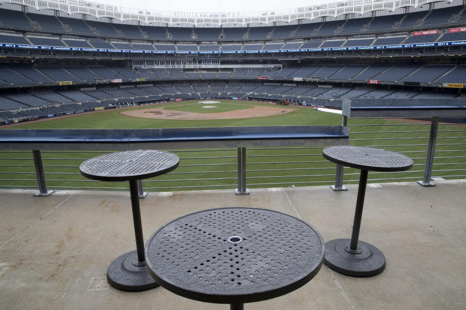 The baseball diamond is seen from the Masterpass Batter's Eye Deck in center field during a media tour of Yankee stadium, Tuesday, April 4, 2017, in New York. The New York Yankees home-opener at the ballpark is scheduled for Monday, April 10, 2017, against the Tampa Bay Rays. (AP Photo/Mary Altaffer)