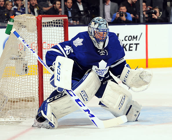 TORONTO, ON - APRIL 4: Jonathan Bernier #45 of the Toronto Maple Leafs prepares for a shot against the Florida Panthers during game action on April 4, 2016 at Air Canada Centre in Toronto, Ontario, Canada. (Photo by Graig Abel/NHLI via Getty Images)