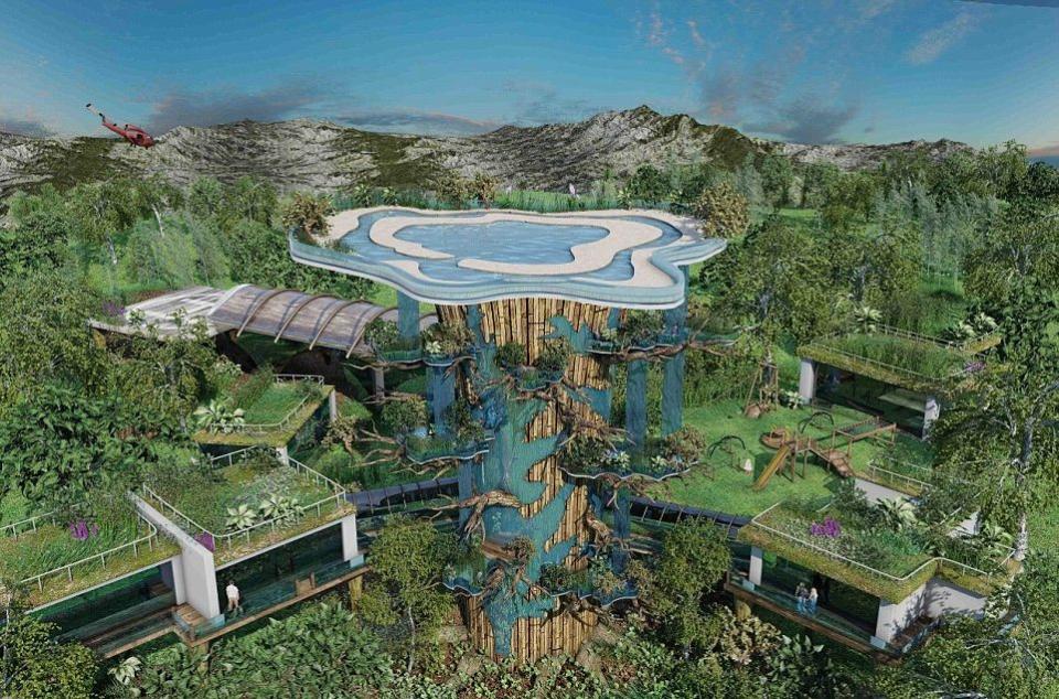 The 20,000 square-foot residence boasts 'zip lines, a pool, a lazy river, a helipad and a water-operated elevator'.  The proposed design, by Master Wishmakers, would have five pods linked by glass walkways, with each potentially housing a gym, spa, sleeping quarters, a vivarium, a greenhouse and a library with moving bookshelves.  