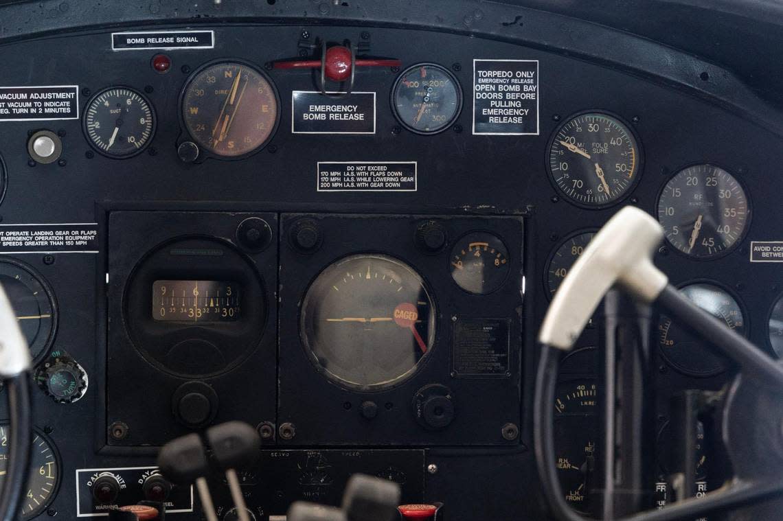 The instrument cluster of a restored B-25c at Owens Field Airport on Monday, August 7, 2023.