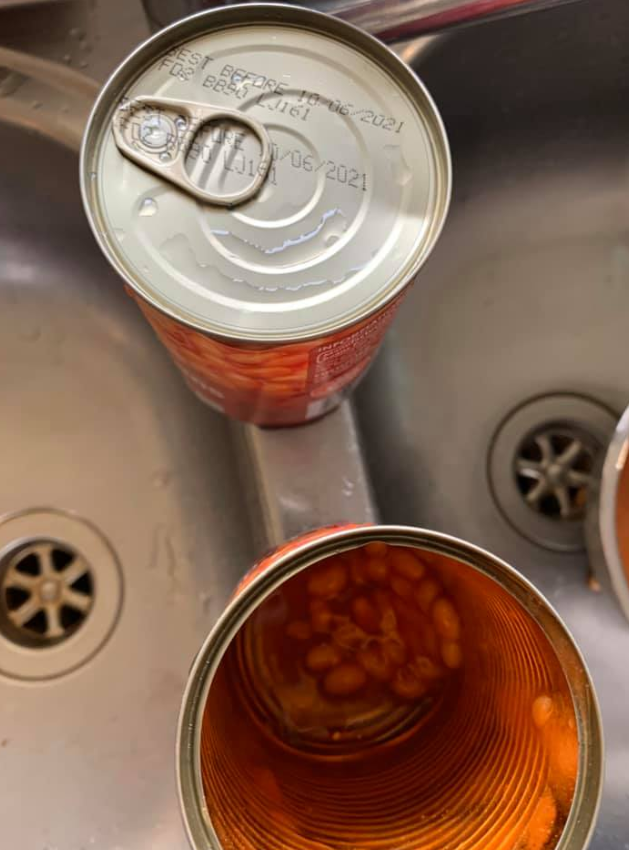 An expiration date of 2021 is seen printed on top of the baked beans cans. Source: Facebook