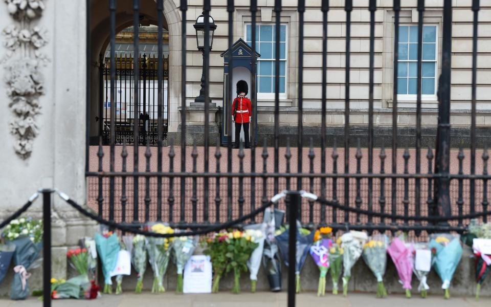 Floral tributes to Prince Philip are laid outside Buckingham Palace on April 10 - Stuart C. Wilson/Getty Images Europe 