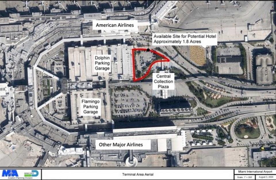 The site for the proposed hotel is near the Dolphin parking garage at Miami International Airport. The hotel will connect to Terminal D.