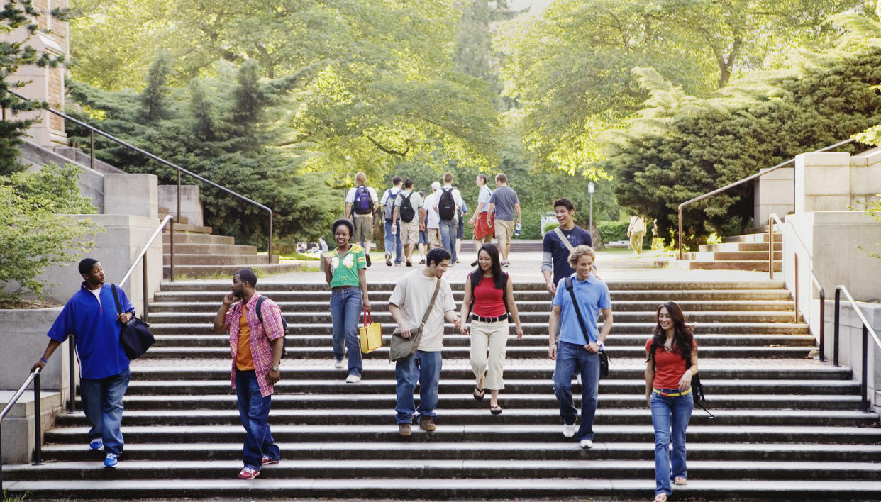 College students descending stairs