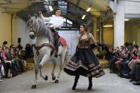 Models wear creations for the Franck Sorbier Haute Couture Spring/Summer 2020 fashion collection presented Tuesday Jan. 21, 2020 in Paris. (AP Photo/Christophe Ena)