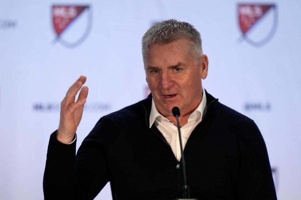 Charlotte FC coach Dean Smith speaks during a news conference at the Major League Soccer’s media day in January in Miami. (AP Photo/Wilfredo Lee)