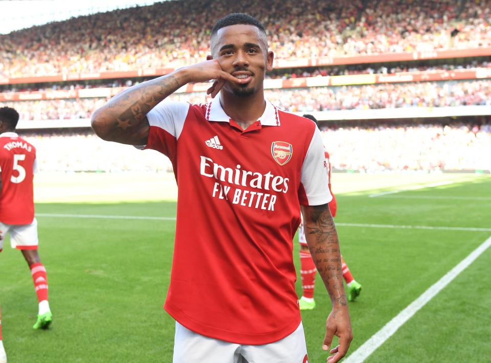 Seen here, Gabriel Jesus celebrates after scoring for Arsenal in the Premier League win over Leicester.