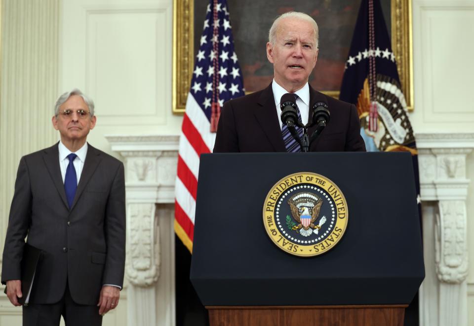 WASHINGTON, DC - JUNE 23: U.S. President Joe Biden speaks on gun crime prevention measures as Attorney General Merrick Garland looks on at the White House on June 23, 2021 in Washington, DC. Biden pledged to aggressively go after illegal gun dealers and to boost federal spending in aid to local law enforcement.  (Photo by Kevin Dietsch/Getty Images) ORG XMIT: 775670281 ORIG FILE ID: 1325125418