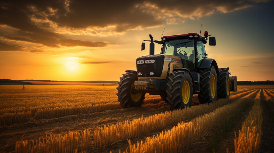 A tractor plowing a field in the warm golden light of a setting sun.