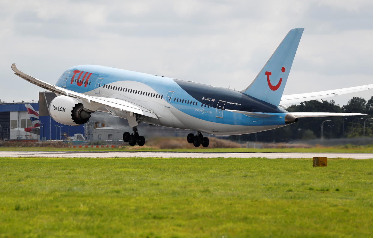 A Boeing 787 of the travel company TUI takes off from the southern runway at Gatwick Airport in Crawley, Britain, August 25, 2021.  REUTERS/Peter Nicholls