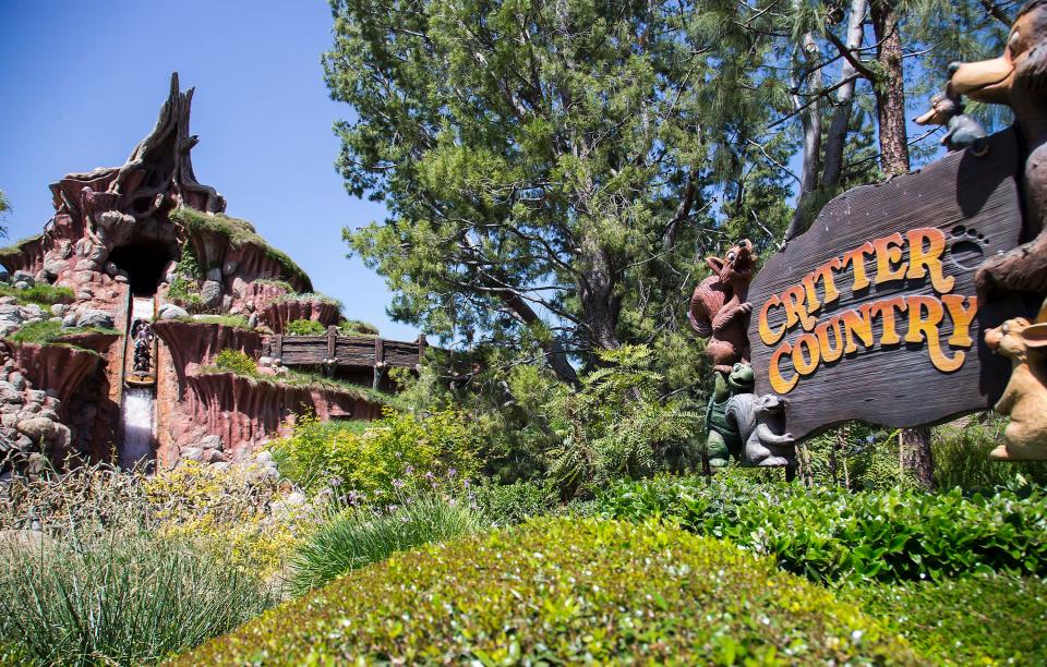 Splash Mountain riders  hurtle down a five story drop at the  Disneyland's Splash Mountain attraction, located in Critter Country.