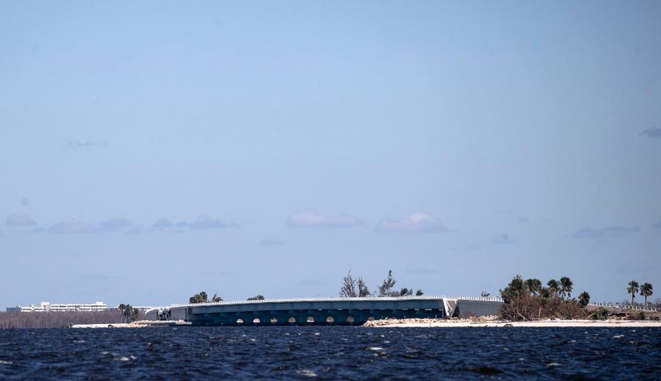 Damage on the second span of the Sanibel Causeway as seen on Friday, Sept. 30, 2022, following Hurricane Ian. 