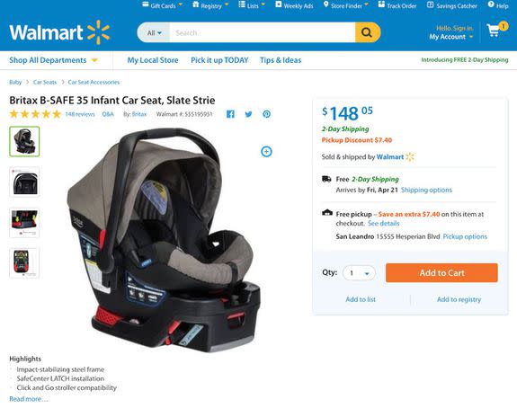 The pickup discount on a car seat on Walmart.com.