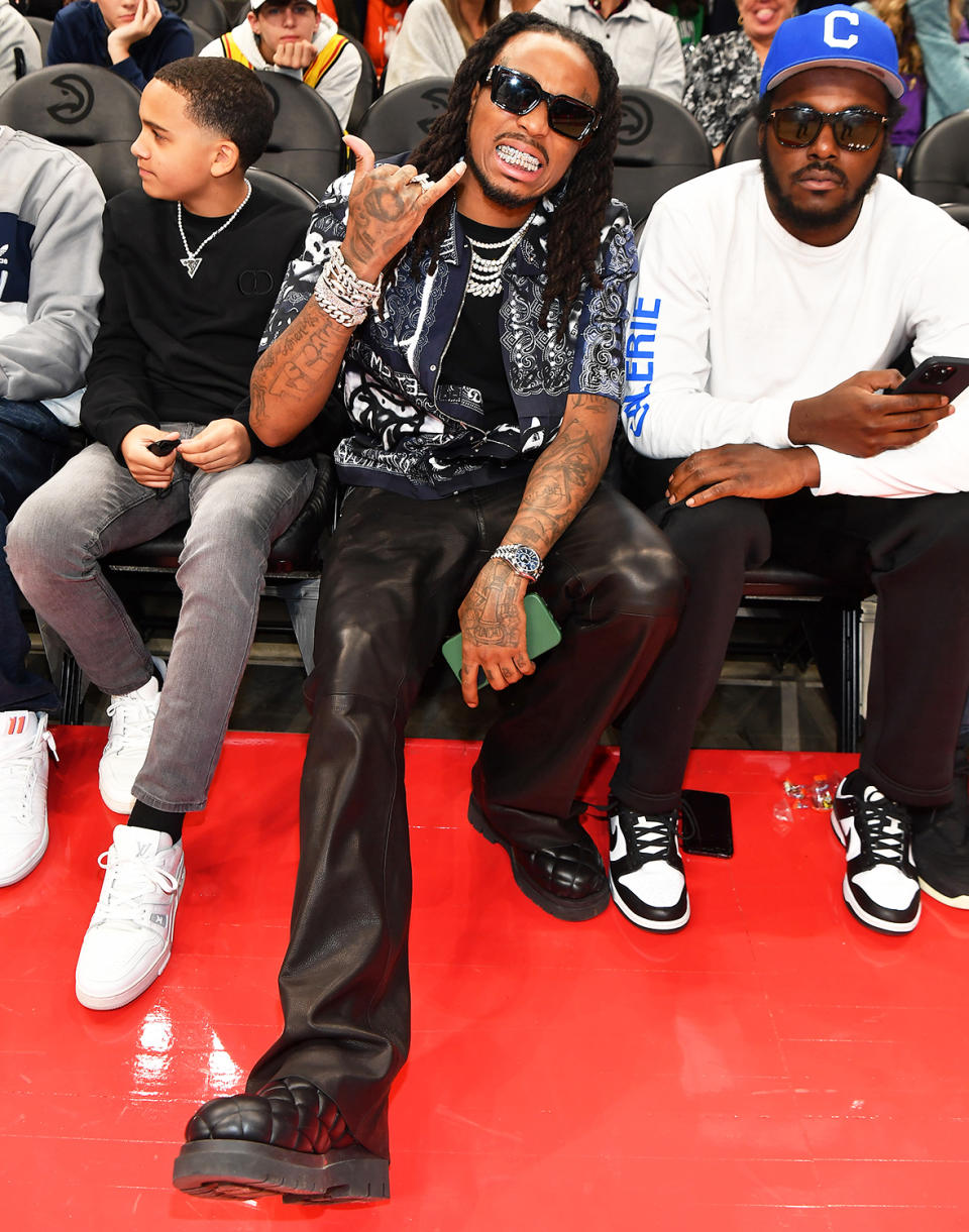 <p>Quavo stands out while sitting courtside at the Atlanta Hawks and Boston Celtics game in Atlanta, Georgia, on Jan. 28.</p>