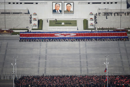 People practice for the expected parade on the main Kim Il-Sung Square in central Pyongyang, North Korea April 12, 2017. REUTERS/Damir Sagolj