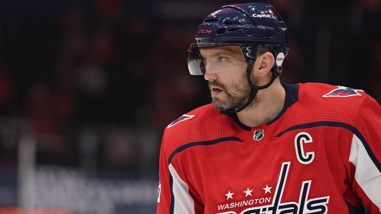 WASHINGTON, DC - MAY 23: Alex Ovechkin #8 of the Washington Capitals looks on against the Boston Bruins in the first period in Game Five of the First Round of the 2021 Stanley Cup Playoffs at Capital One Arena on May 23, 2021 in Washington, DC. (Photo by Patrick McDermott/NHLI via Getty Images)