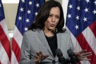 Democratic vice presidential candidate Sen. Kamala Harris, D-Calif., speaks at Shaw University during a campaign visit in Raleigh, N.C., Monday, Sept. 28, 2020. (AP Photo/Gerry Broome)