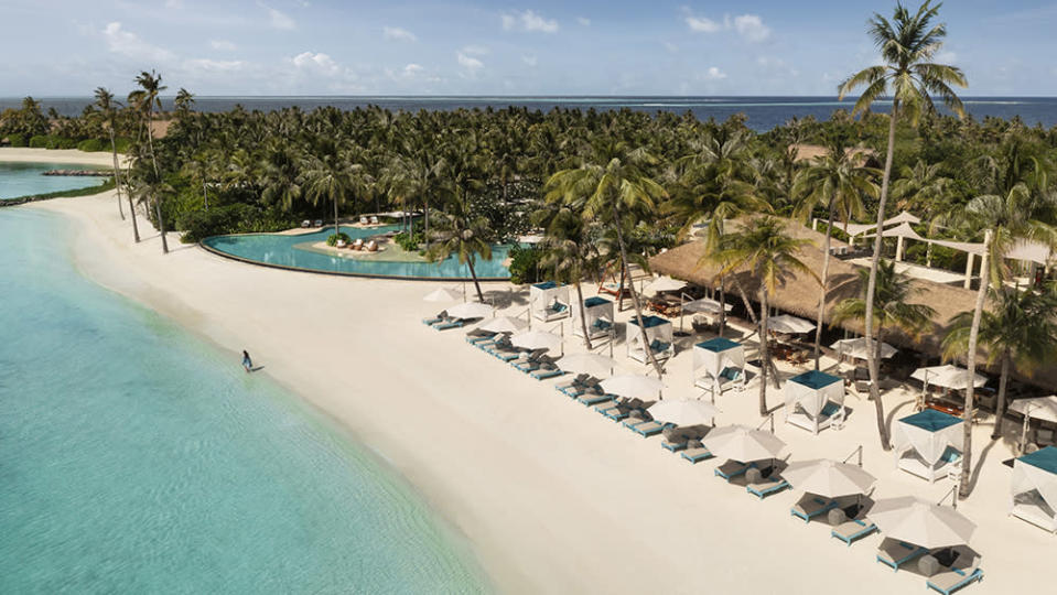 You can enjoy the private beach at the Waldorf Astoria Maldives Ithaafushi.