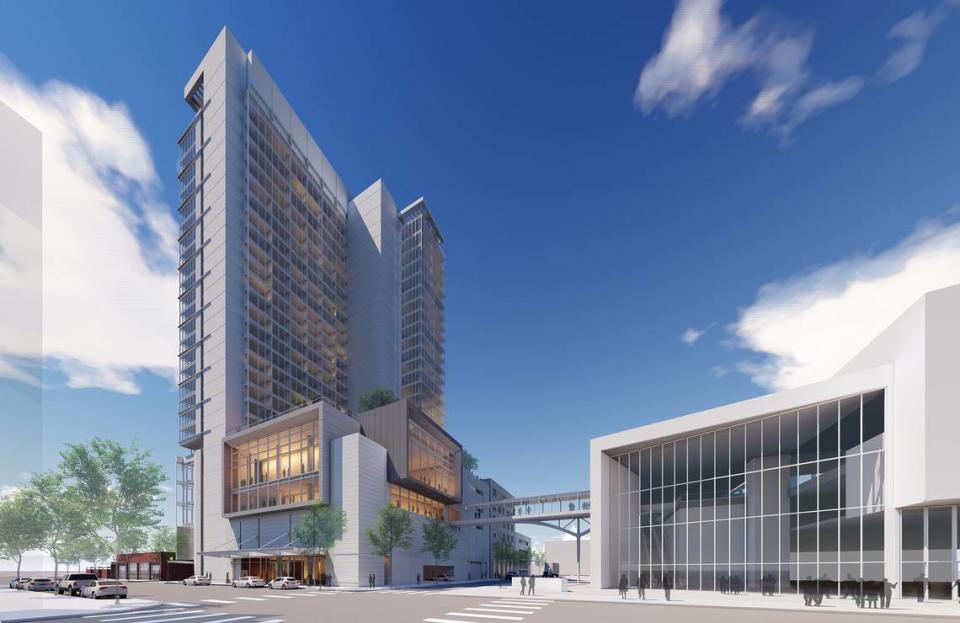 A rendering shows a proposed 28-story hotel tower adjacent to the Sacramento Convention Center at the corner of 15th and K streets.