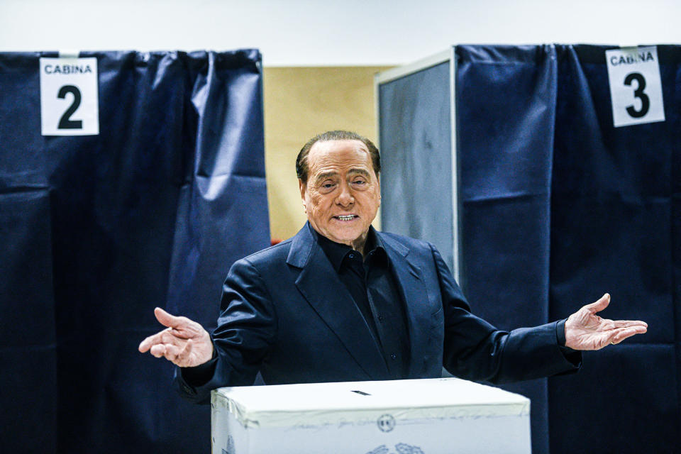 Silvio Berlusconi, former Italian premier and leader of the Forza Italia party, casts his vote during Lombardy regional elections in Milan, Italy, February 12, 2023. / Credit: Piero Cruciatti/Anadolu Agency/Getty