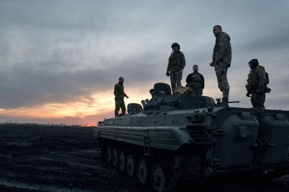 Ukrainian soldiers on an armored infantry vehicle on the road to Avdiivka, Donetsk Oblast, on Feb. 14, 2024. (Vlada Liberova/Libkos/Getty Images)