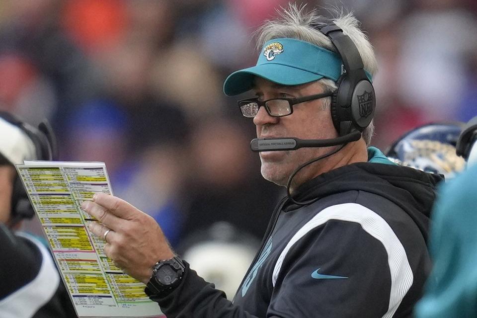 Jacksonville Jaguars head coach Doug Pederson during the NFL football game between Denver Broncos and Jacksonville Jaguars at Wembley Stadium London, Sunday, Oct. 30, 2022. (AP Photo/Kirsty Wigglesworth)