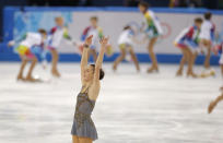 Adelina Sotnikova of Russia acknowledges the crowd after completing her routine in the women's free skate figure skating finals at the Iceberg Skating Palace during the 2014 Winter Olympics, Thursday, Feb. 20, 2014, in Sochi, Russia. (AP Photo/Vadim Ghirda)