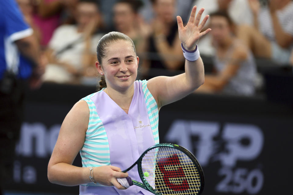 Jelena Ostapenko of Latvia waves to the crowd after she won her match against Karolina Pliskova of the Czech Republic during the Brisbane International tennis tournament in Brisbane, Australia, Thursday, Jan. 4, 2024. (AP Photo/Tertius Pickard)