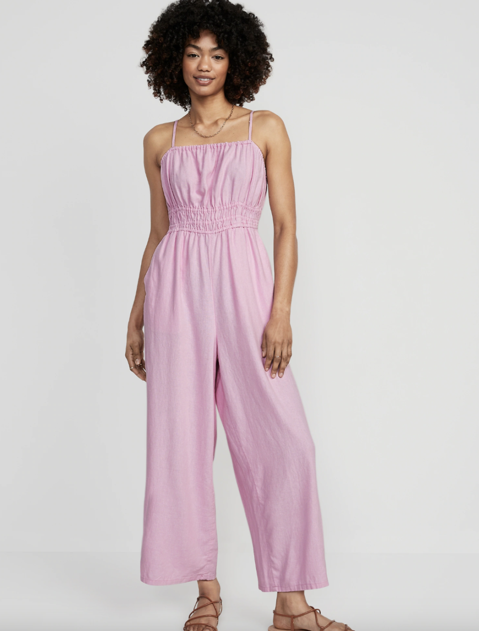 Waist-Defined Linen-Blend Cropped Smocked Cami Jumpsuit. Image via Old Navy.