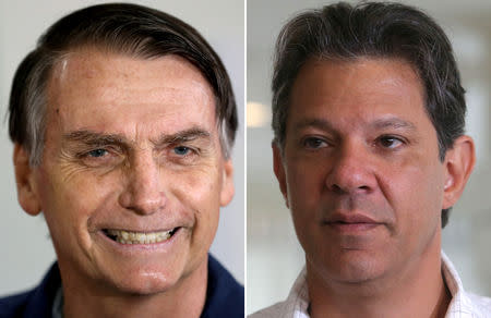 A combination of file photos shows Jair Bolsonaro, far-right lawmaker and presidential candidate of the Social Liberal Party (PSL), casting his vote in Rio de Janeiro, Brazil October 7, 2018 and Fernando Haddad, presidential candidate of Brazil's leftist Workers' Party (PT), attending PT's national executive meeting, in Sao Paulo, Brazil October 9, 2018. REUTERS/Ricardo Moraes/Amanda Perobelli/Files