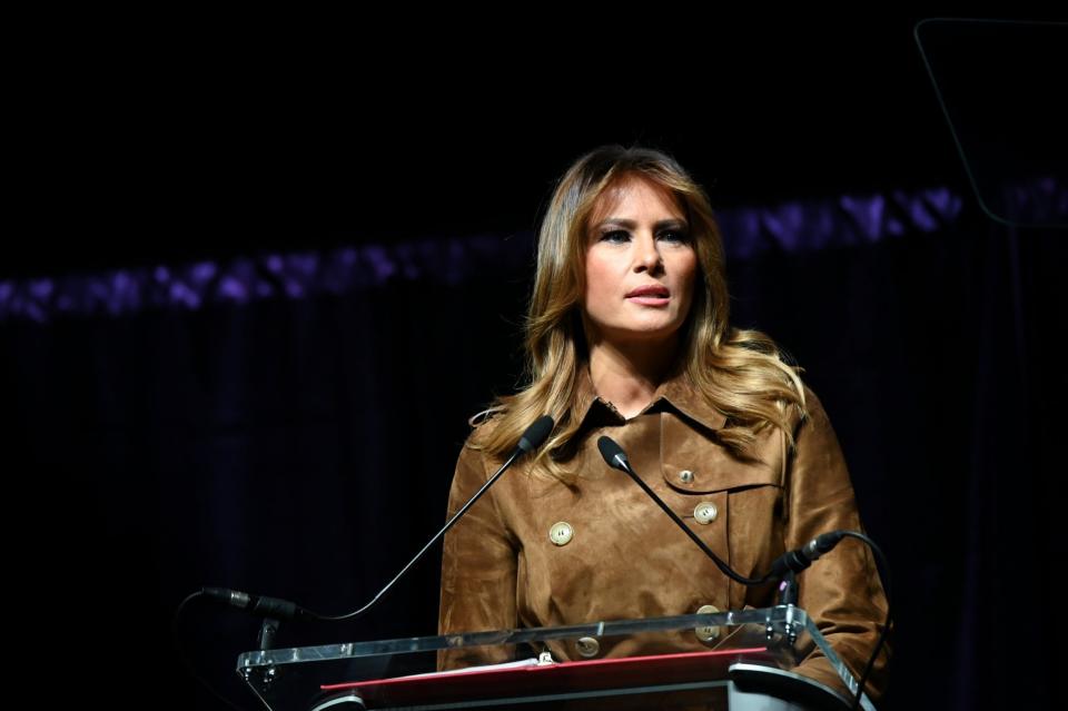 First lady Melania Trump speaking at a youth summit on opioids in Baltimore, where she was booed by sections of the audience: REUTERS