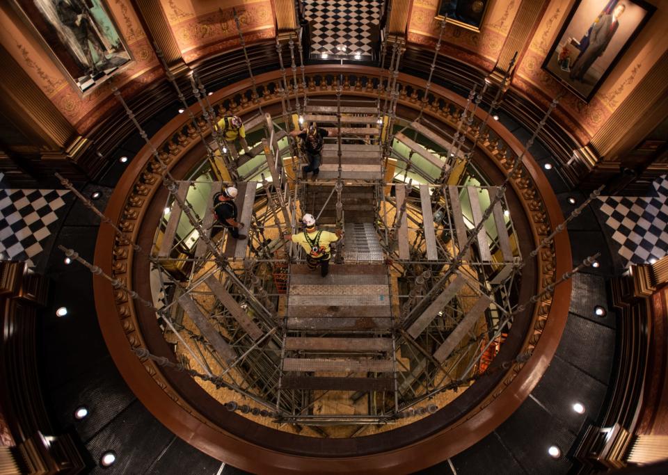 Workers install scaffolding in the Capitol rotunda Tuesday, June 20, 2023. The scaffolding project began June 6 and is expected be done near the end of July.