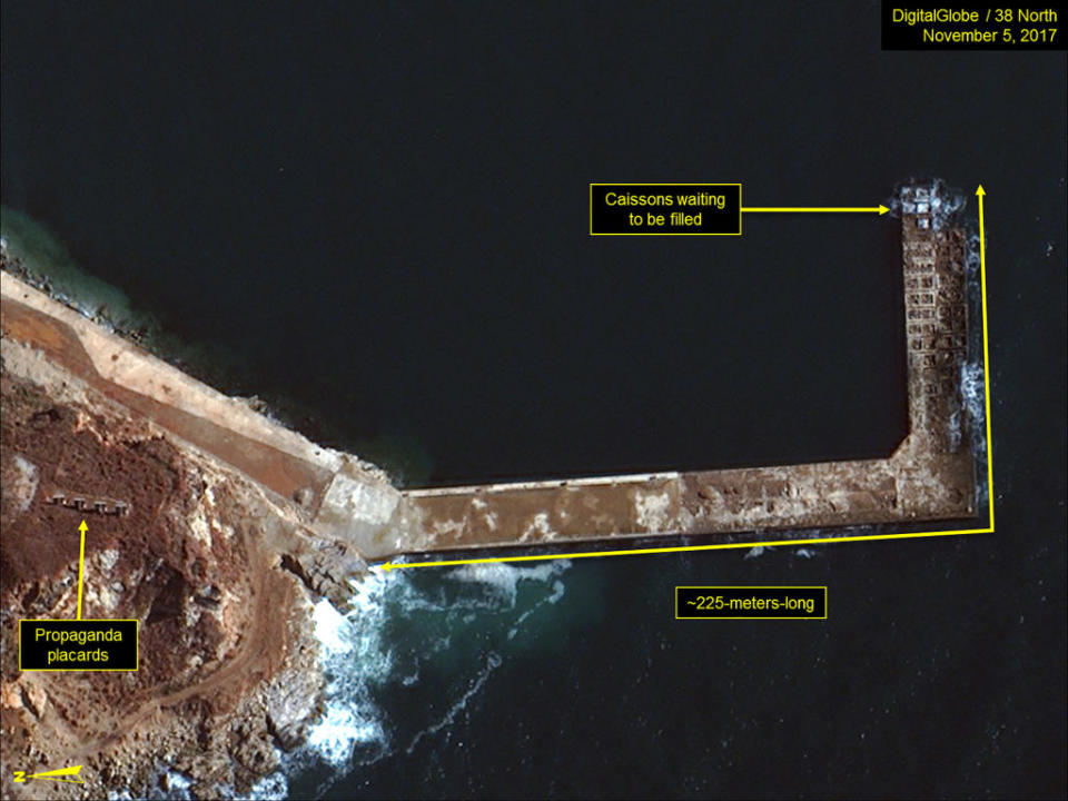 <em>Satellite – images from November 5 show activity at the Sinpo South Shipyard that suggest work is underway to build a new submarine (Picture: DigitalGlobe/38 North via Getty Images)</em>