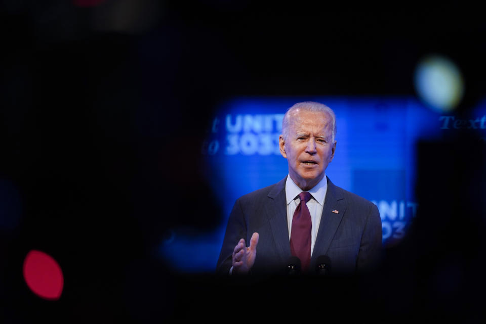 Democratic presidential candidate former Vice President Joe Biden gives a speech on the Supreme Court at The Queen Theater, Sunday, Sept. 27, 2020, in Wilmington, Del. (AP Photo/Andrew Harnik)