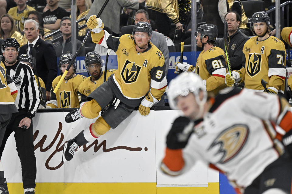 Vegas Golden Knights center Jack Eichel (9) jumps over the boards to start a shift during the third period of the team's NHL hockey game against the Anaheim Ducks on Thursday, April 18, 2024, in Las Vegas. (AP Photo/David Becker)